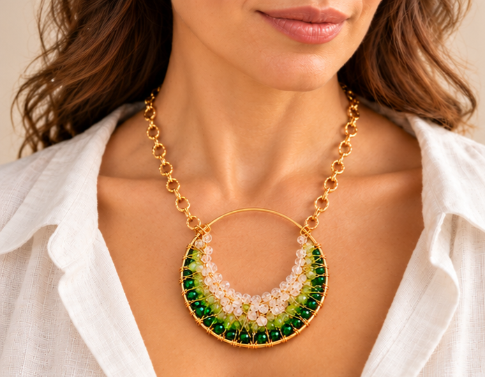 Green and Gold Pacific Geode Hand-Wrapped Statement Pendant Necklace