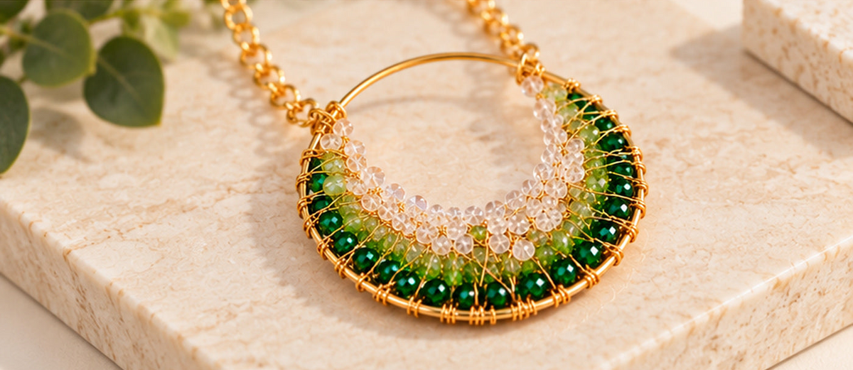 Green and Gold Pacific Geode Hand-Wrapped Statement Pendant Necklace