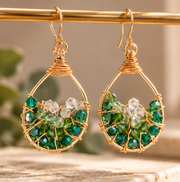 Green and Gold Pacific Geode Hand-Wrapped Statement Earrings