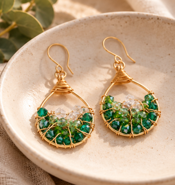Green and Gold Pacific Geode Hand-Wrapped Statement Earrings