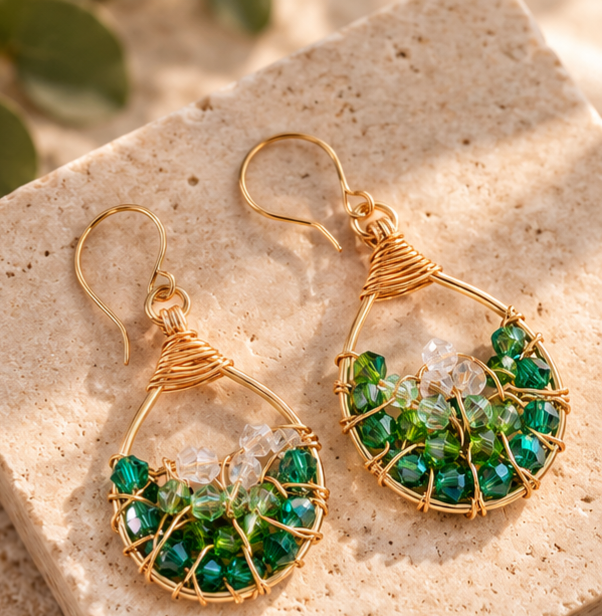 Green and Gold Pacific Geode Hand-Wrapped Statement Earrings