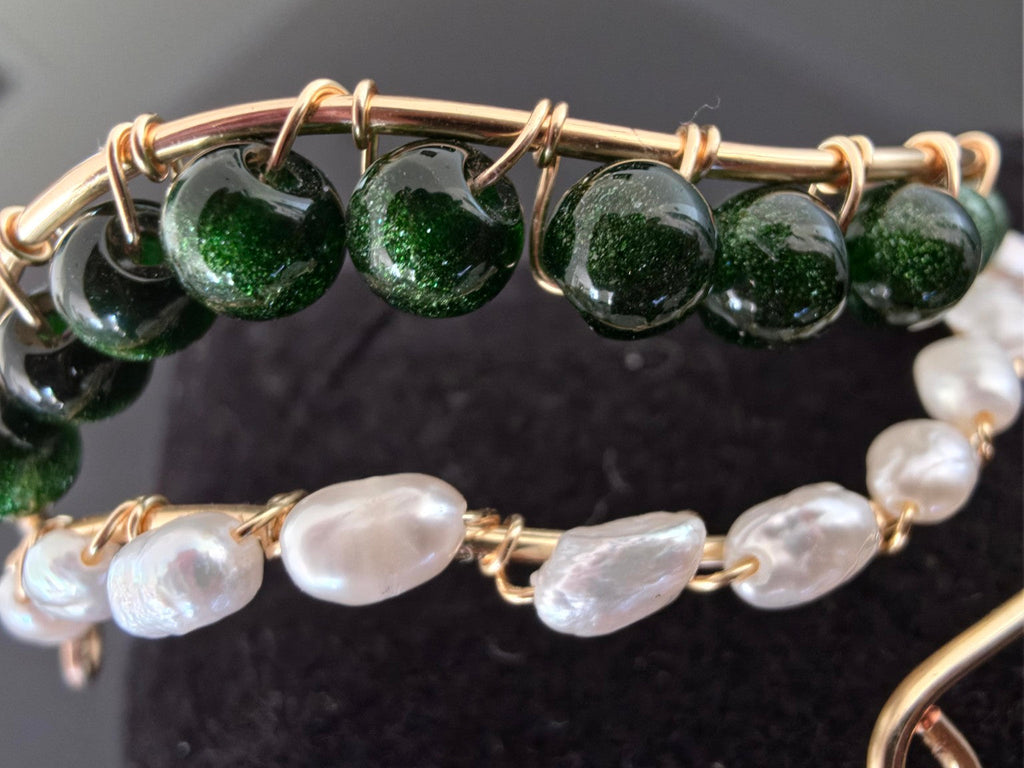 Detailed hand wire-wrapped green glass beads and white freshwater pearls