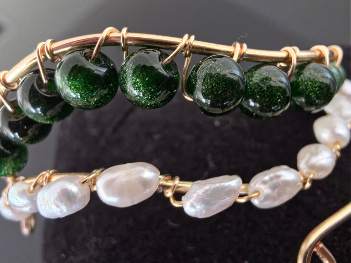 Detailed hand wire-wrapped green glass beads and white freshwater pearls