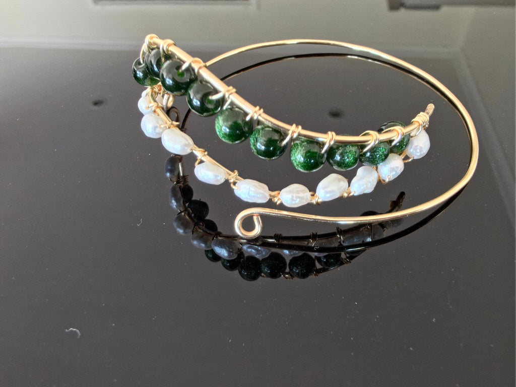 Actual green glass bead and freshwater pearl handmade wire cuff