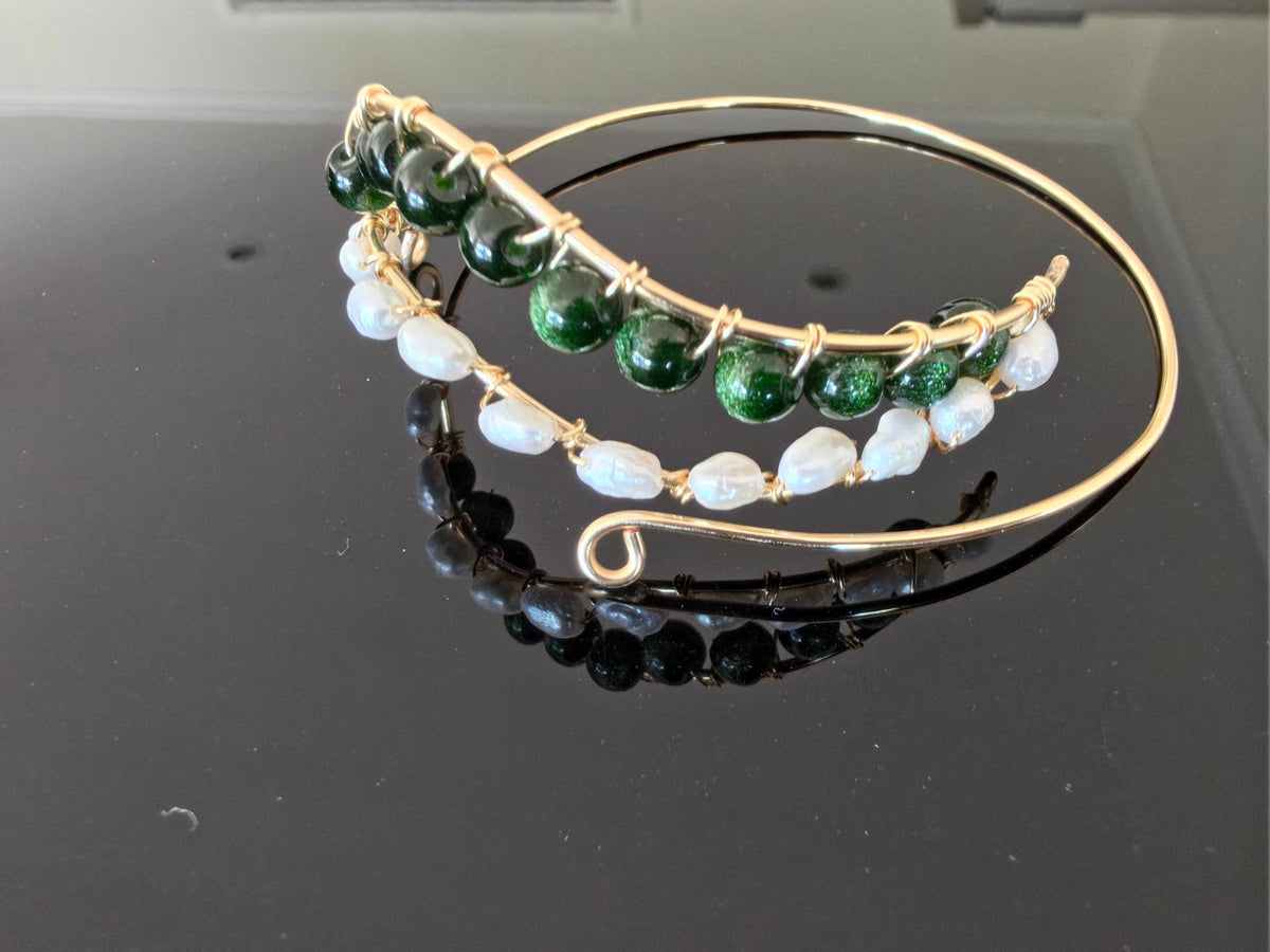 Actual green glass bead and freshwater pearl handmade wire cuff