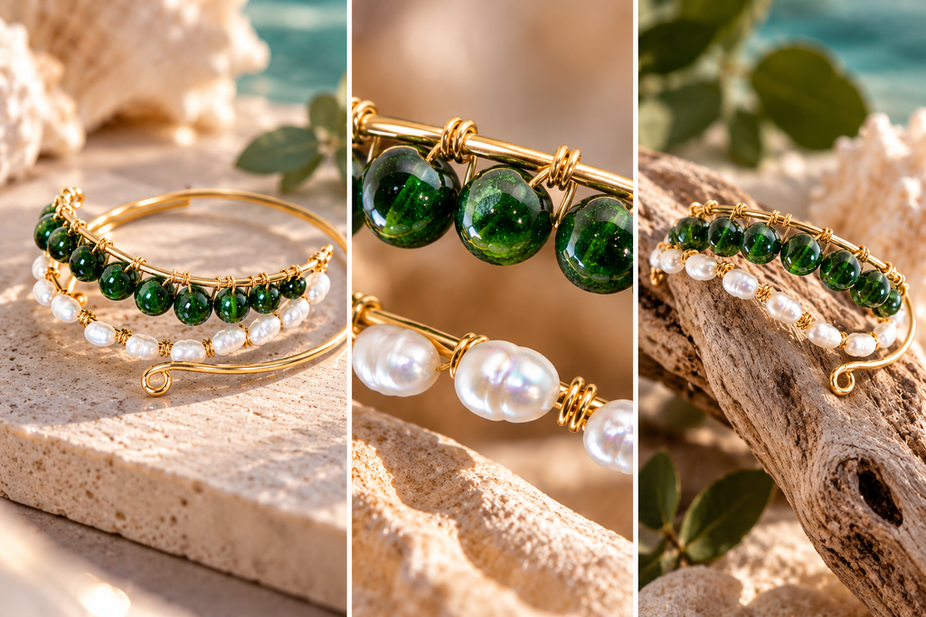 AI-styled coastal editorial concept of Emerald Pearl cuff